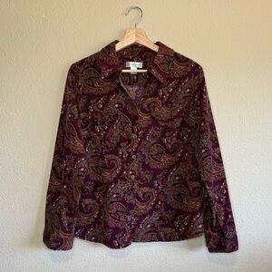 Christopher & banks shirt womens large 100% cotton paisley corduroy vneck red